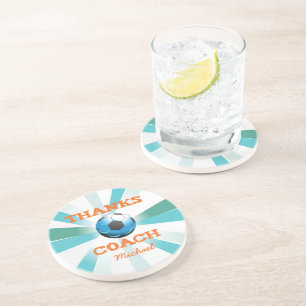 Bedankt van de voetbal coach, Oranje op Blauwgroen Zandsteen Onderzetter