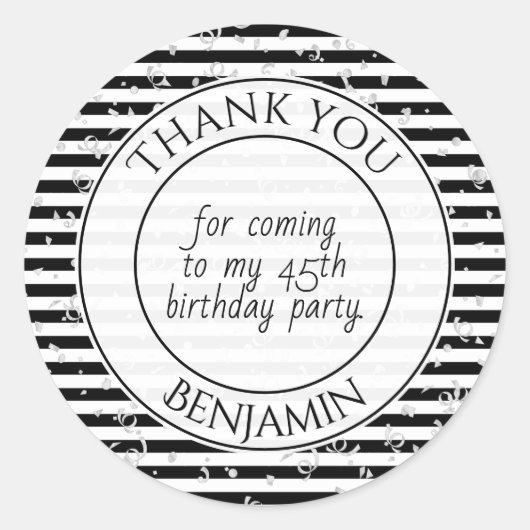 Bedankt Verjaardagsfeestje Zwart/Wit Streep Rond Ronde Sticker (Voorkant)