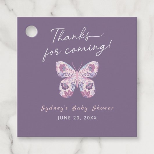 Bedankt voor Coming Paarse Butterfly Baby shower Bedankjes Labels (Voorkant)