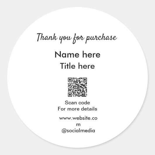 Bedankt voor de aankoop naam hier scannen QR Ronde Sticker (Voorkant)
