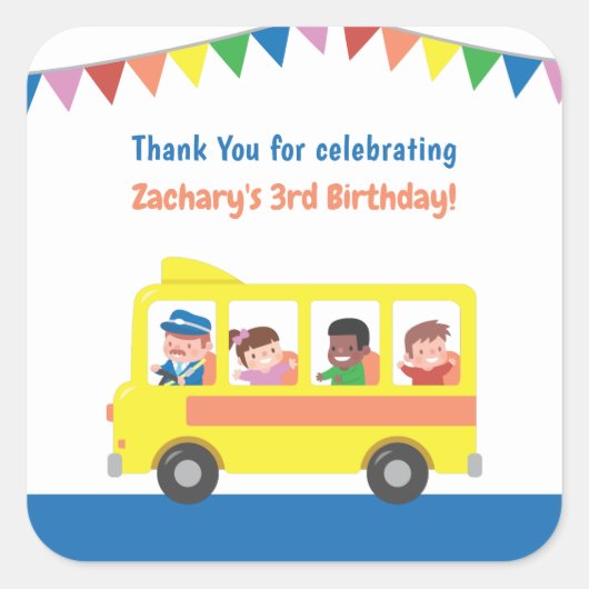 Bedankt voor de Gele School Bus Birthday Party Vierkante Sticker (Voorkant)