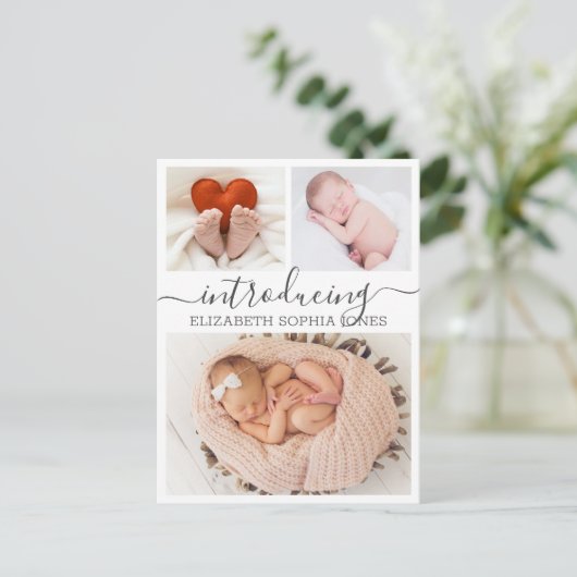 Bedankt voor de kalligrafie 3 Foto Collage Birth Aankondigingskaart (Staand voorkant)