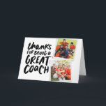 Bedankt voor een geweldige coach twee foto bedankt kaart<br><div class="desc">Zeg dank aan een geweldige coach met deze leuke twee-foto kaart met een zwart-wit kleurenschema. Personaliseer het ook met uw eigen interne tekst en laat het hele team het ondertekenen. Maakt een geweldige manier om uw waardering voor elk sportseizoen en atleten jong en oud te shows! Vind meer kleuren en...</div>