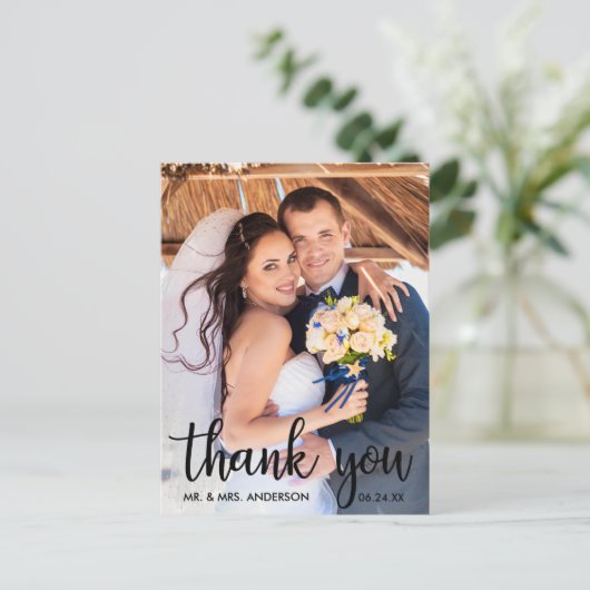 Bedankt voor het bruiloft Foto Modern Script Blk Briefkaart (Staand voorkant)