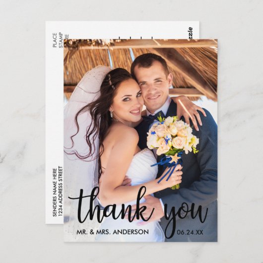 Bedankt voor het bruiloft Foto Modern Script Blk Briefkaart (Voorkant / Achterkant)