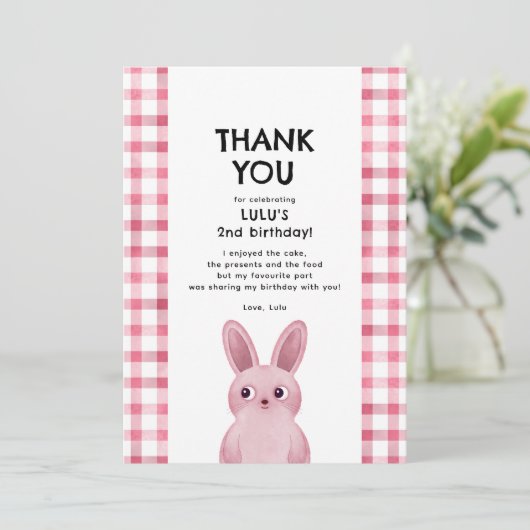 Bedankt voor het komen naar verjaardag roze bunny  kaart (Staand voorkant)