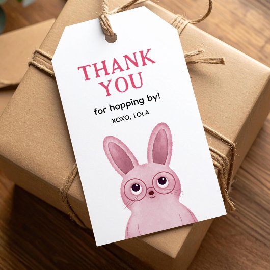Bedankt voor het langskomen met roze konijn cadeaulabel