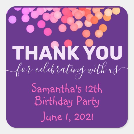 Bedankt voor het vieren met ons verjaardagsfeestje vierkante sticker (Voorkant)