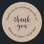 Bedankt voor het vieren met ons Wedding Sticker<br><div class="desc">Dank u voor het vieren met ons Wedding Sticker,  in rustic manuscript kalligrafie,  bruine kraft achtergrond.</div>