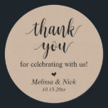 Bedankt voor het vieren met ons Wedding Sticker<br><div class="desc">Dank u voor het vieren met ons de Sticker van de Wedding,  in rustic manuscriptkalligrafie,  huispartij,  bruin kraft thema.</div>