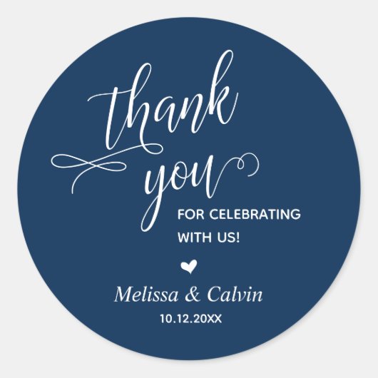 Bedankt voor het vieren, Navy Blue, Bruiloft Ronde Sticker (Voorkant)
