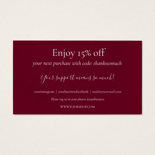 Bedankt voor het winkelen Burgundy Kortingkaart Visitekaartje (Achterkant)