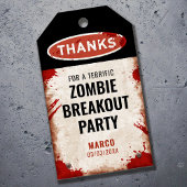 Bedankt voor het zombiefeest met een roestig bord cadeaulabel