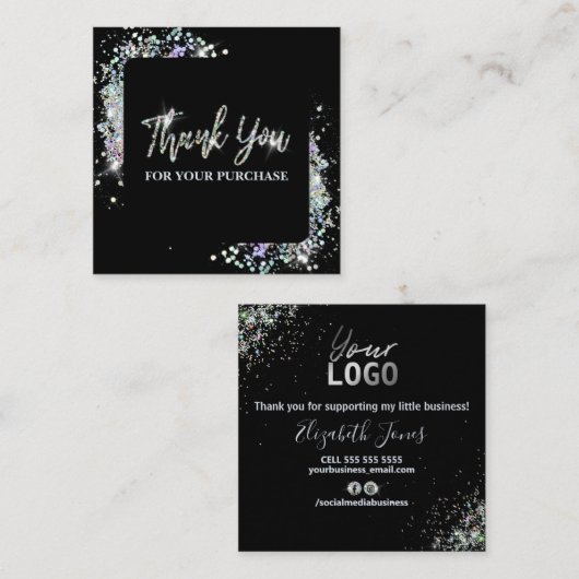 Bedankt voor je aankoop zwart met Glitter Vierkante Visitekaartje (Voorkant / Achterkant)