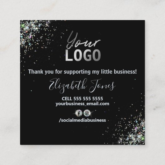 Bedankt voor je aankoop zwart met Glitter Vierkante Visitekaartje (Achterkant)