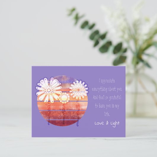 Bedankt voor je bericht met bloemen en zonsonderga briefkaart (Staand voorkant)