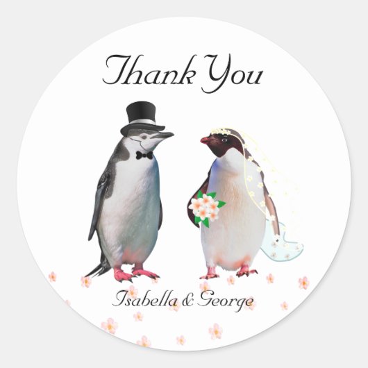 Bedankt voor je bruiloft en je pinguïnpaar ronde sticker (Voorkant)