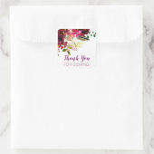 Bedankt voor je komst, bordeaux bloemendienst vierkante sticker (Tas)