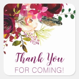 Bedankt voor je komst, bordeaux bloemendienst vierkante sticker
