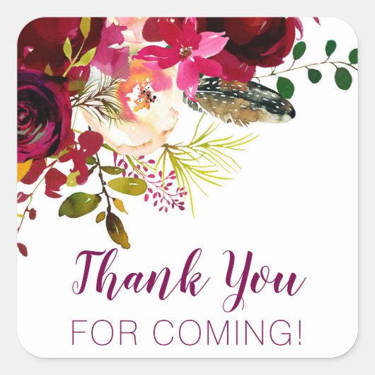 Bedankt voor je komst, bordeaux bloemendienst vierkante sticker (Voorkant)