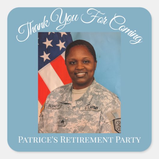 Bedankt voor je komst Patrice's pensioenfoto Vierkante Sticker (Voorkant)