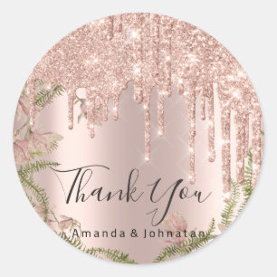 Bedankt voor je naam Roos Glitter Floral Ronde Sticker