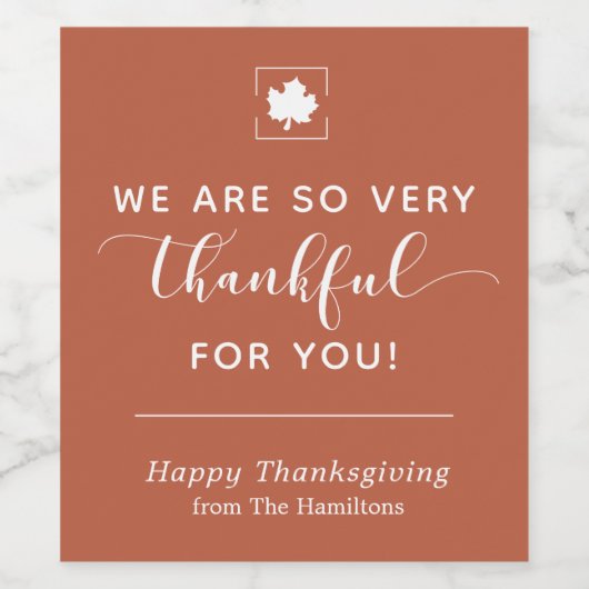 Bedankt voor je Thanksgiving Wijnlabel in Rust Wijn Etiket (Enkel label)