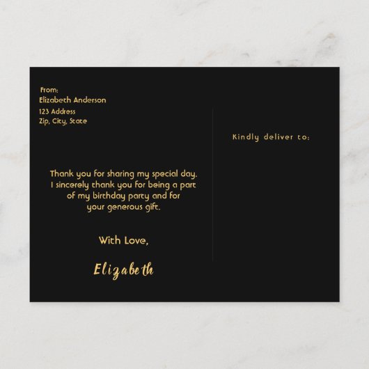 Bedankt voor je verjaardag zwarte goudboog briefkaart (Achterkant)