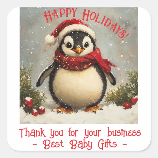 Bedankt voor je zaken, kerstpinguïn vierkante sticker (Voorkant)
