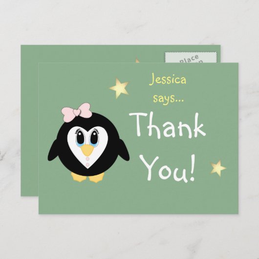 Bedankt voor kerstcadeaus pinguïn van meisjesnaam briefkaart (Voorkant / Achterkant)