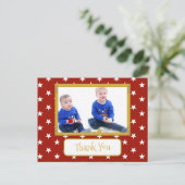 Bedankt voor kerstcadeaus rood met sterretjes foto briefkaart (Staand voorkant)