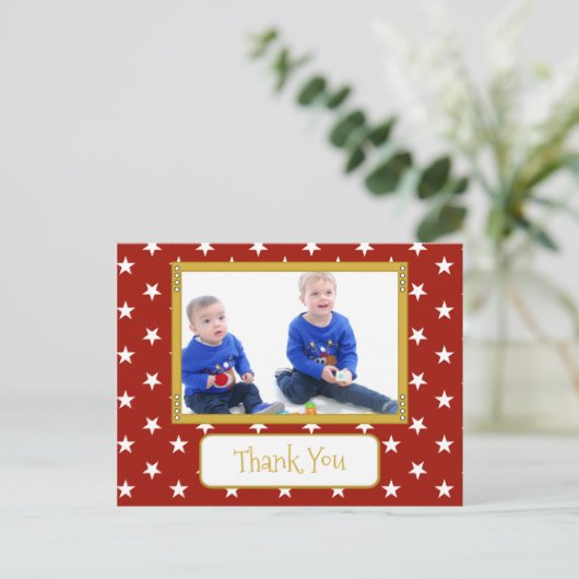 Bedankt voor kerstcadeaus rood met sterretjes foto briefkaart (Staand voorkant)