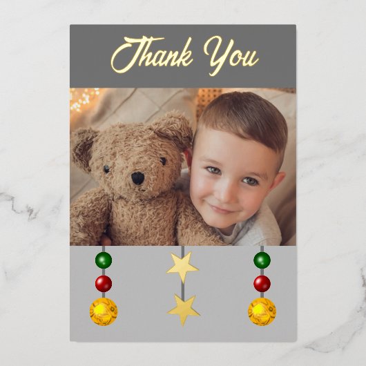 Bedankt voor kerstcadeautjes, foto grijs folie feestdagenkaart (Voorkant)