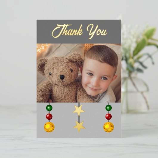 Bedankt voor kerstcadeautjes, foto grijs folie feestdagenkaart (Staand Voorkant)