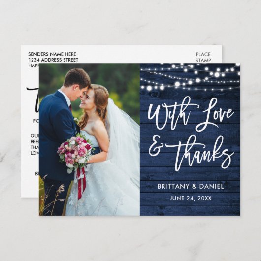 Bedankt voor penseelscript Rustic Blue Wood Love W Briefkaart (Voorkant / Achterkant)