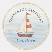 Bedankt voor Sailing By | nautische blauwe zeilboo Ronde Sticker (Voorkant)