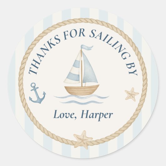 Bedankt voor Sailing By | pastelblauwe zeilboot Ronde Sticker (Voorkant)