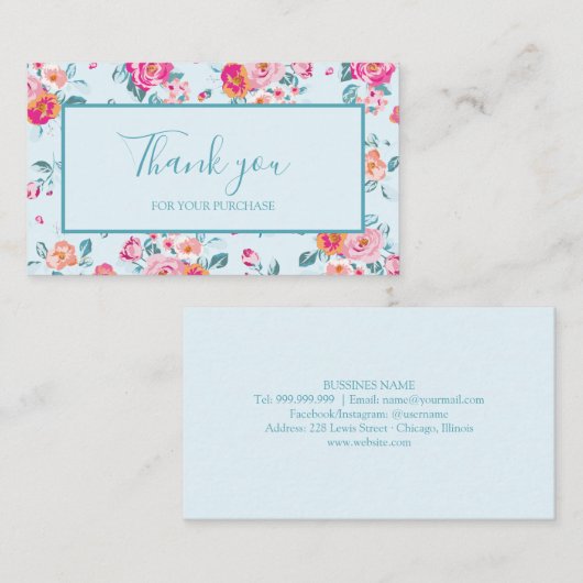 Bedankt voor uw aankoop Pink Roses Floral Visitekaartje (Voorkant / Achterkant)
