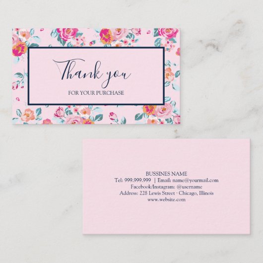 Bedankt voor uw aankoop Pink Roses Floral Visitekaartje (Voorkant / Achterkant)