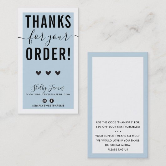 BEDANKT VOOR UW BESTELLING insert bord blauw zwart Visitekaartje (Voorkant / Achterkant)