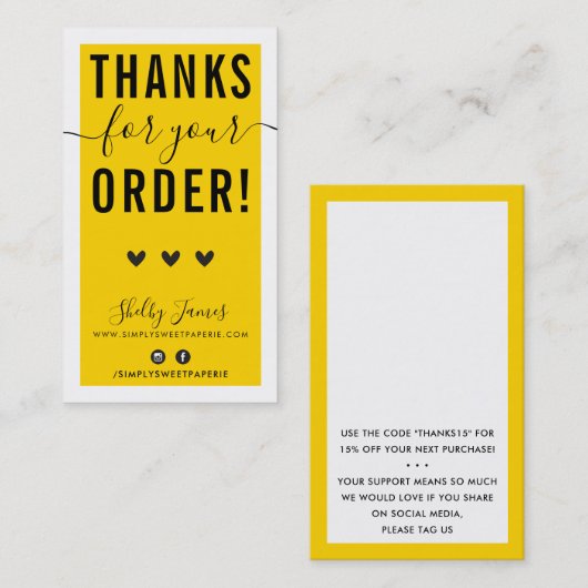 BEDANKT VOOR UW BESTELLING insert fun fel geel Visitekaartje (Voorkant / Achterkant)