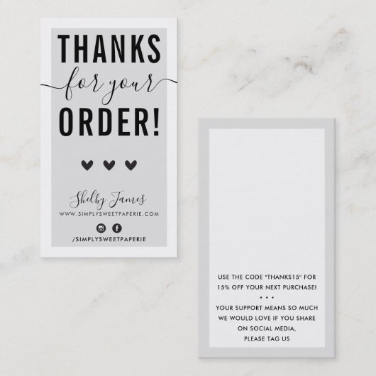 BEDANKT VOOR UW BESTELLING insert grijs zwart Visitekaartje (Voorkant / Achterkant)