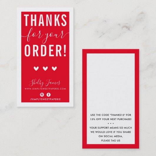 BEDANKT VOOR UW BESTELLING insert modern xmas rood Visitekaartje (Voorkant / Achterkant)