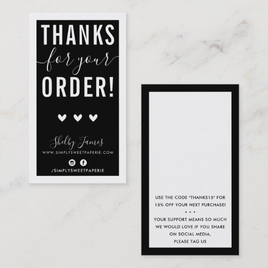 BEDANKT VOOR UW BESTELLING insert modern zwart Visitekaartje (Voorkant / Achterkant)