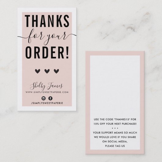 BEDANKT VOOR UW BESTELLING insert roze zwart Visitekaartje (Voorkant / Achterkant)