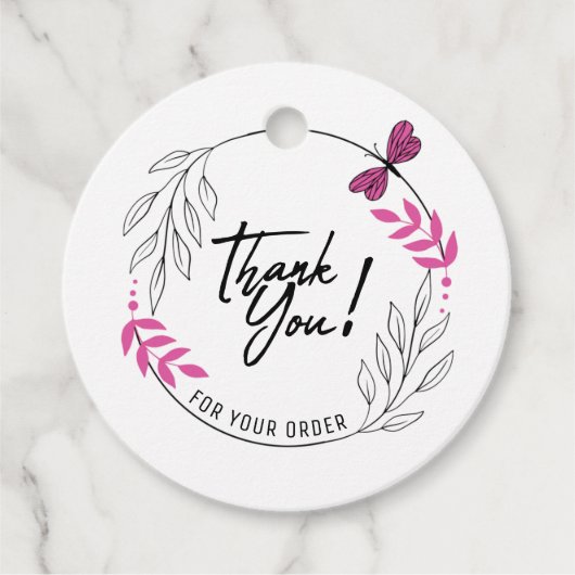 Bedankt voor uw bestelling met roze vlinder bedankjes labels (Voorkant)
