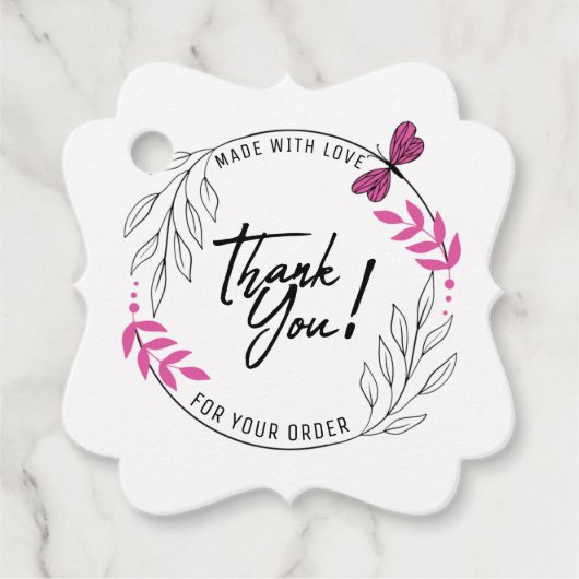 Bedankt voor uw bestelling met roze vlinder bedankjes labels (Voorkant)