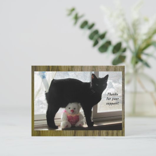 Bedankt voor uw steun zwarte kat en teddybeer briefkaart (Staand voorkant)