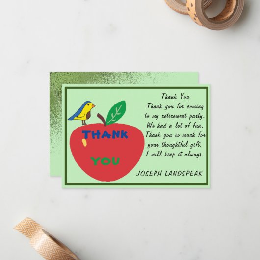 Bedankt voor vogel- en rode appel en groene glitte notitiekaartje (Voorkant / Achterkant in situ)