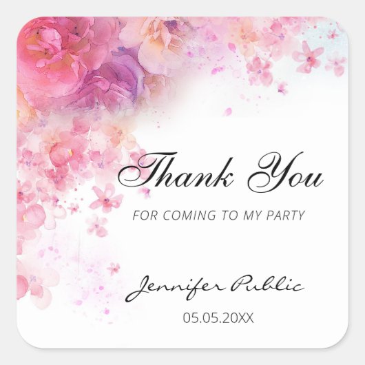 Bedankt Waterverf Flowers Hand Script Sjabloon Vierkante Sticker (Voorkant)